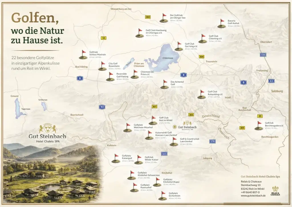 Karte mit 22 Golfplätzen im Alpenraum bei Reit im Winkl, Deutschland, deren Standorte durch nummerierte Fähnchen gekennzeichnet sind. Unten links sind eine Abbildung des „Gut Steinbach Hotel Chalets Spa“ – eines renommierten Golfhotels am Chiemsee – sowie Kontaktdaten zu sehen.